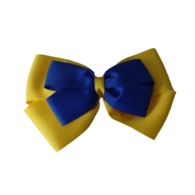 School Hair Accessories - Double Cherish Hair Bow 9cm - Daffodil Yellow Base & Centre Ribbon (24 colours top)