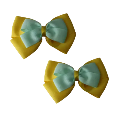 School Hair Accessories - Double Cherish Hair Bow 9cm - Daffodil Yellow Base & Centre Ribbon (24 colours top)