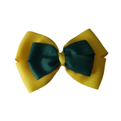 School Hair Accessories - Double Cherish Hair Bow 9cm - Daffodil Yellow Base & Centre Ribbon (24 colours top)