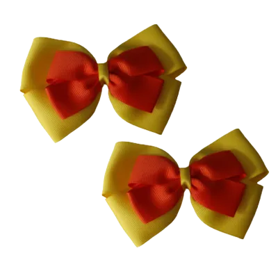 School Hair Accessories - Double Cherish Hair Bow 9cm - Daffodil Yellow Base & Centre Ribbon (24 colours top)