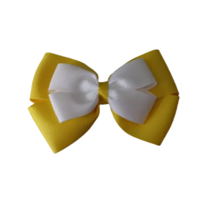 School Hair Accessories - Double Cherish Hair Bow 9cm - Daffodil Yellow Base & Centre Ribbon (24 colours top)