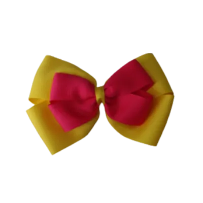 School Hair Accessories - Double Cherish Hair Bow 9cm - Daffodil Yellow Base & Centre Ribbon (24 colours top)
