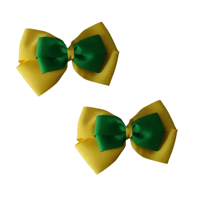 School Hair Accessories - Double Cherish Hair Bow 9cm - Daffodil Yellow Base & Centre Ribbon (24 colours top)