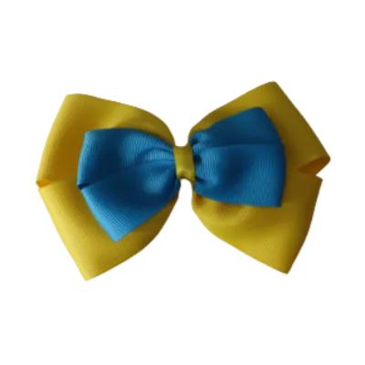 School Hair Accessories - Double Cherish Hair Bow 9cm - Daffodil Yellow Base & Centre Ribbon (24 colours top)