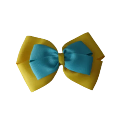 School Hair Accessories - Double Cherish Hair Bow 9cm - Daffodil Yellow Base & Centre Ribbon (24 colours top)