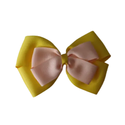 School Hair Accessories - Double Cherish Hair Bow 9cm - Daffodil Yellow Base & Centre Ribbon (24 colours top)