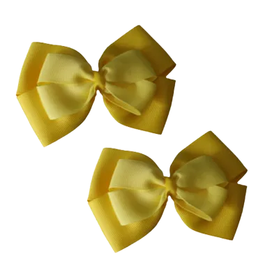 School Hair Accessories - Double Cherish Hair Bow 9cm - Daffodil Yellow Base & Centre Ribbon (24 colours top)