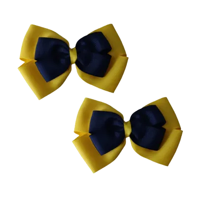School Hair Accessories - Double Cherish Hair Bow 9cm - Daffodil Yellow Base & Centre Ribbon (24 colours top)
