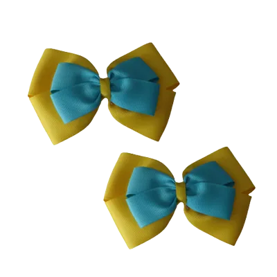 School Hair Accessories - Double Cherish Hair Bow 9cm - Daffodil Yellow Base & Centre Ribbon (24 colours top)