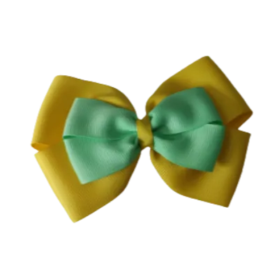 School Hair Accessories - Double Cherish Hair Bow 9cm - Daffodil Yellow Base & Centre Ribbon (24 colours top)