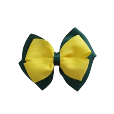 School Hair Accessories - Double Cherish Hair Bow 9cm - Hunter Green Base & Centre Ribbon (24 colours top)