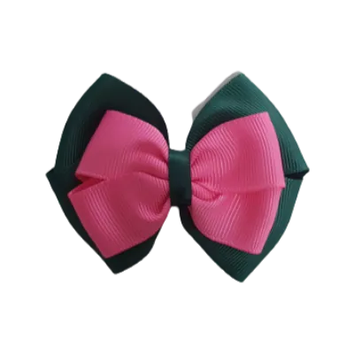 School Hair Accessories - Double Cherish Hair Bow 9cm - Hunter Green Base & Centre Ribbon (24 colours top)