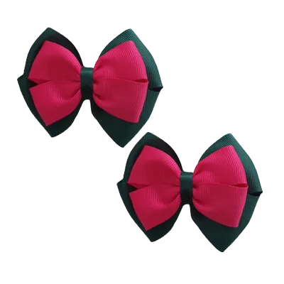 School Hair Accessories - Double Cherish Hair Bow 9cm - Hunter Green Base & Centre Ribbon (24 colours top)