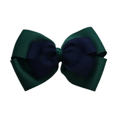 School Hair Accessories - Double Cherish Hair Bow 9cm - Hunter Green Base & Centre Ribbon (24 colours top)