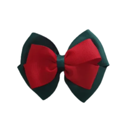 School Hair Accessories - Double Cherish Hair Bow 9cm - Hunter Green Base & Centre Ribbon (24 colours top)