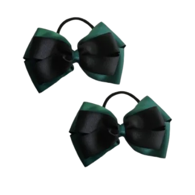 School Hair Accessories - Double Cherish Hair Bow 9cm - Hunter Green Base & Centre Ribbon (24 colours top)