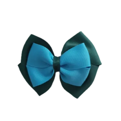 School Hair Accessories - Double Cherish Hair Bow 9cm - Hunter Green Base & Centre Ribbon (24 colours top)