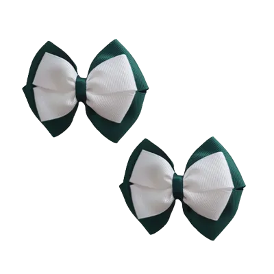 School Hair Accessories - Double Cherish Hair Bow 9cm - Hunter Green Base & Centre Ribbon (24 colours top)