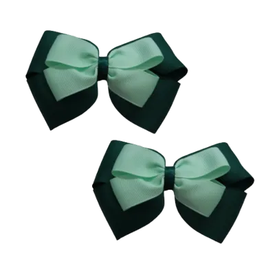 School Hair Accessories - Double Cherish Hair Bow 9cm - Hunter Green Base & Centre Ribbon (24 colours top)