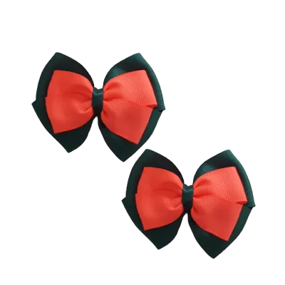 School Hair Accessories - Double Cherish Hair Bow 9cm - Hunter Green Base & Centre Ribbon (24 colours top)
