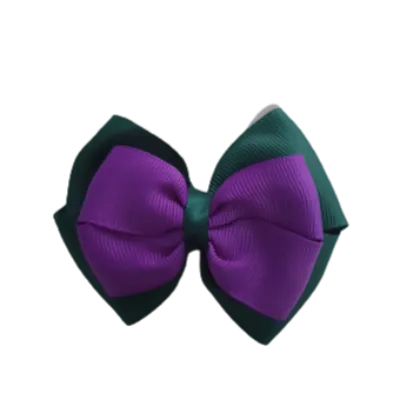 School Hair Accessories - Double Cherish Hair Bow 9cm - Hunter Green Base & Centre Ribbon (24 colours top)
