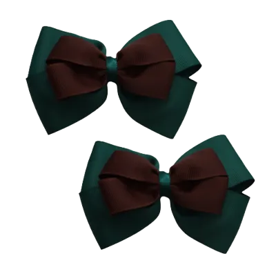 School Hair Accessories - Double Cherish Hair Bow 9cm - Hunter Green Base & Centre Ribbon (24 colours top)
