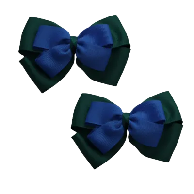 School Hair Accessories - Double Cherish Hair Bow 9cm - Hunter Green Base & Centre Ribbon (24 colours top)