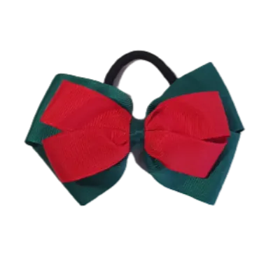 School Hair Accessories - Double Cherish Hair Bow 9cm - Hunter Green Base & Centre Ribbon (24 colours top)