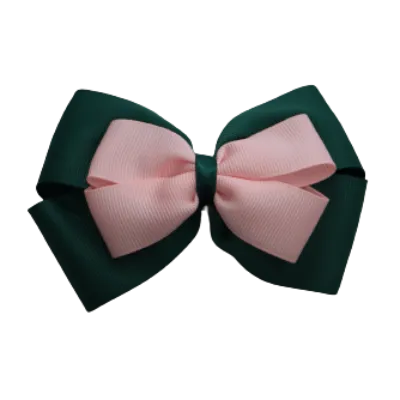 School Hair Accessories - Double Cherish Hair Bow 9cm - Hunter Green Base & Centre Ribbon (24 colours top)