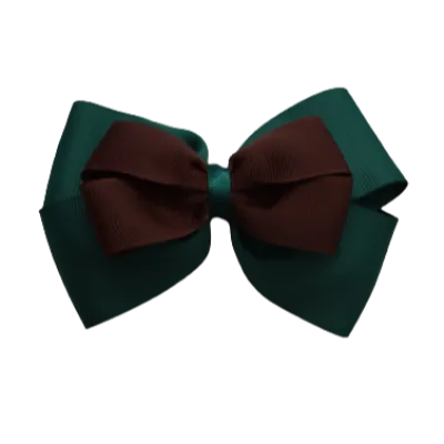 School Hair Accessories - Double Cherish Hair Bow 9cm - Hunter Green Base & Centre Ribbon (24 colours top)