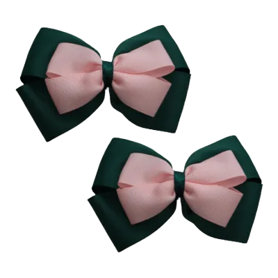 School Hair Accessories - Double Cherish Hair Bow 9cm - Hunter Green Base & Centre Ribbon (24 colours top)