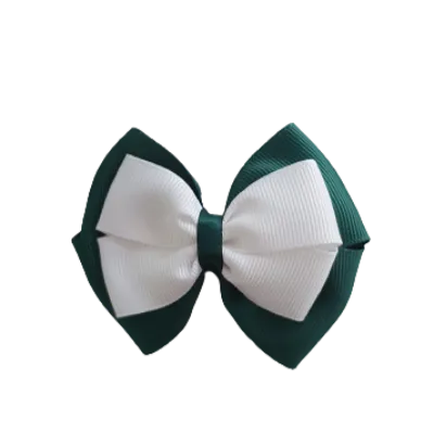 School Hair Accessories - Double Cherish Hair Bow 9cm - Hunter Green Base & Centre Ribbon (24 colours top)