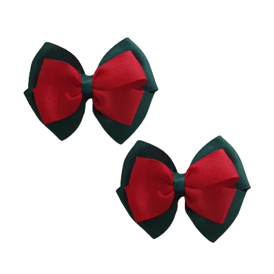 School Hair Accessories - Double Cherish Hair Bow 9cm - Hunter Green Base & Centre Ribbon (24 colours top)