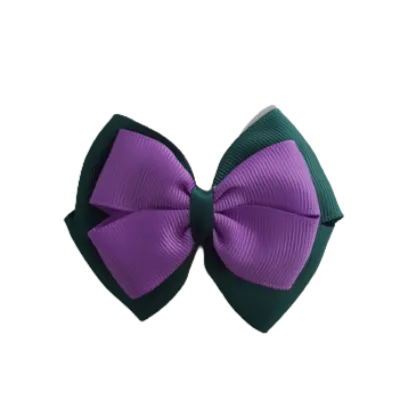 School Hair Accessories - Double Cherish Hair Bow 9cm - Hunter Green Base & Centre Ribbon (24 colours top)