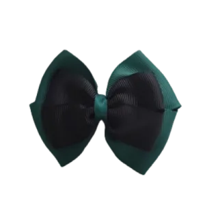 School Hair Accessories - Double Cherish Hair Bow 9cm - Hunter Green Base & Centre Ribbon (24 colours top)
