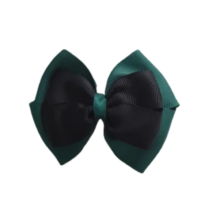 School Hair Accessories - Double Cherish Hair Bow 9cm - Hunter Green Base & Centre Ribbon (24 colours top)