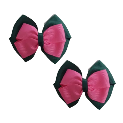 School Hair Accessories - Double Cherish Hair Bow 9cm - Hunter Green Base & Centre Ribbon (24 colours top)