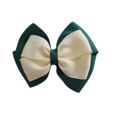 School Hair Accessories - Double Cherish Hair Bow 9cm - Hunter Green Base & Centre Ribbon (24 colours top)