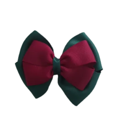 School Hair Accessories - Double Cherish Hair Bow 9cm - Hunter Green Base & Centre Ribbon (24 colours top)