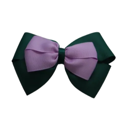 School Hair Accessories - Double Cherish Hair Bow 9cm - Hunter Green Base & Centre Ribbon (24 colours top)