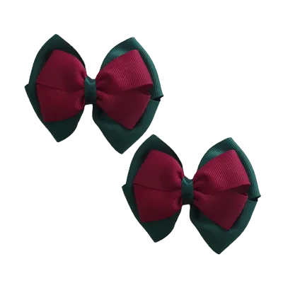 School Hair Accessories - Double Cherish Hair Bow 9cm - Hunter Green Base & Centre Ribbon (24 colours top)
