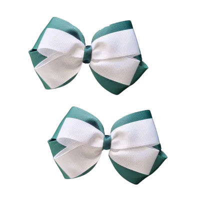 School Hair Accessories - Double Cherish Hair Bow 9cm - Hunter Green Base & Centre Ribbon (24 colours top)