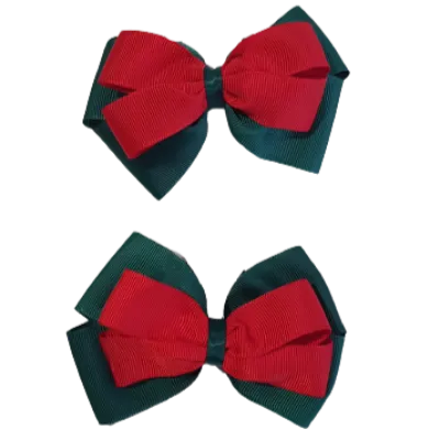 School Hair Accessories - Double Cherish Hair Bow 9cm - Hunter Green Base & Centre Ribbon (24 colours top)