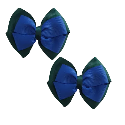 School Hair Accessories - Double Cherish Hair Bow 9cm - Hunter Green Base & Centre Ribbon (24 colours top)