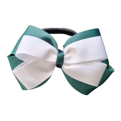 School Hair Accessories - Double Cherish Hair Bow 9cm - Hunter Green Base & Centre Ribbon (24 colours top)