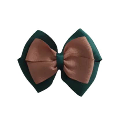 School Hair Accessories - Double Cherish Hair Bow 9cm - Hunter Green Base & Centre Ribbon (24 colours top)