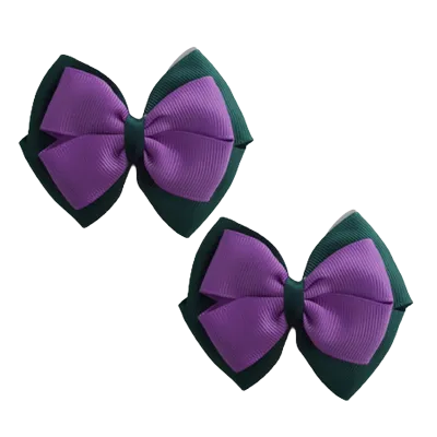 School Hair Accessories - Double Cherish Hair Bow 9cm - Hunter Green Base & Centre Ribbon (24 colours top)