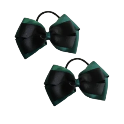School Hair Accessories - Double Cherish Hair Bow 9cm - Hunter Green Base & Centre Ribbon (24 colours top)
