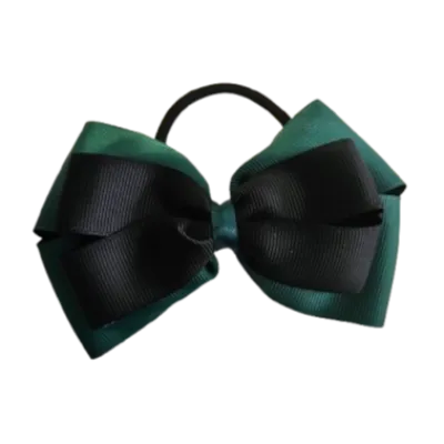 School Hair Accessories - Double Cherish Hair Bow 9cm - Hunter Green Base & Centre Ribbon (24 colours top)