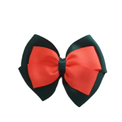 School Hair Accessories - Double Cherish Hair Bow 9cm - Hunter Green Base & Centre Ribbon (24 colours top)
